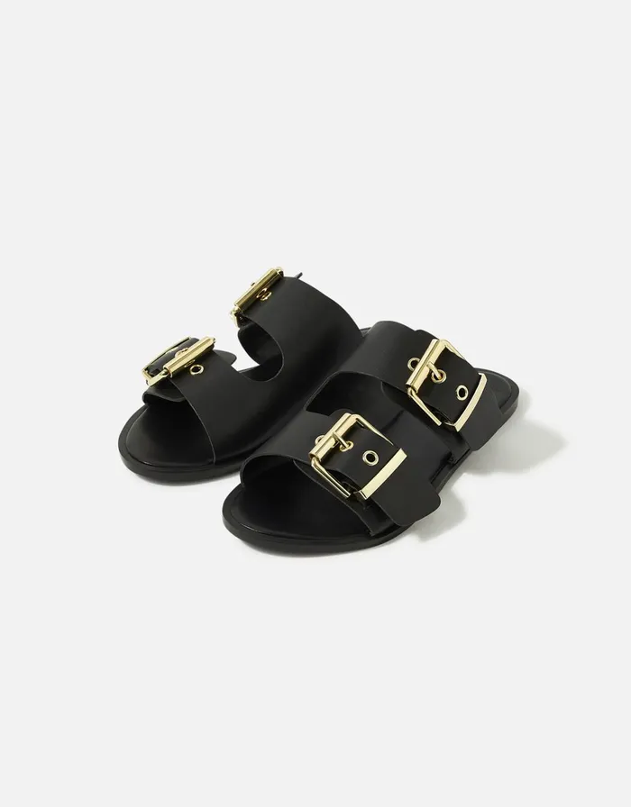 Accessorize Chunky Buckle Leather Sandals Black Black Women Sandals and Flip Flops