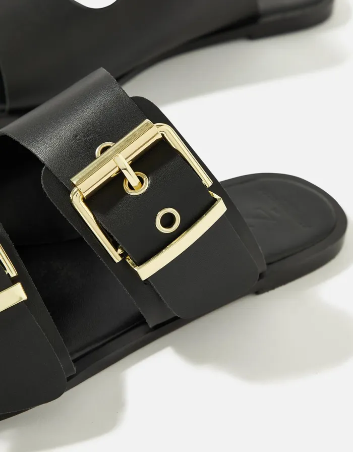 Accessorize Chunky Buckle Leather Sandals Black Black Women Sandals and Flip Flops