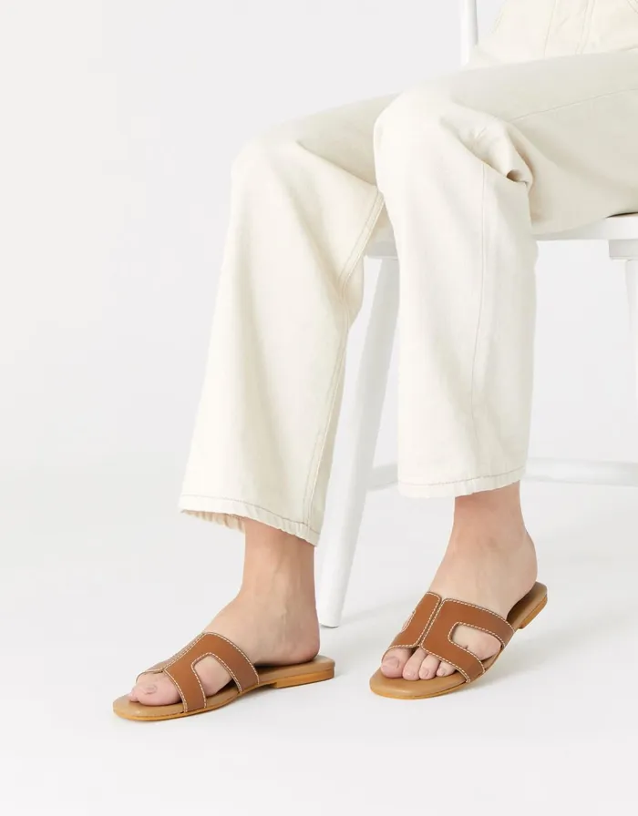 Accessorize Contrast Stitch Leather Sandals Tan Tan Women Sandals and Flip Flops