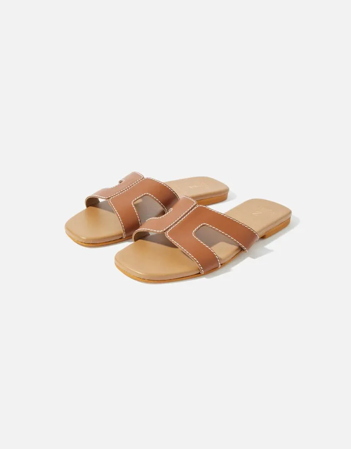 Accessorize Contrast Stitch Leather Sandals Tan Tan Women Sandals and Flip Flops
