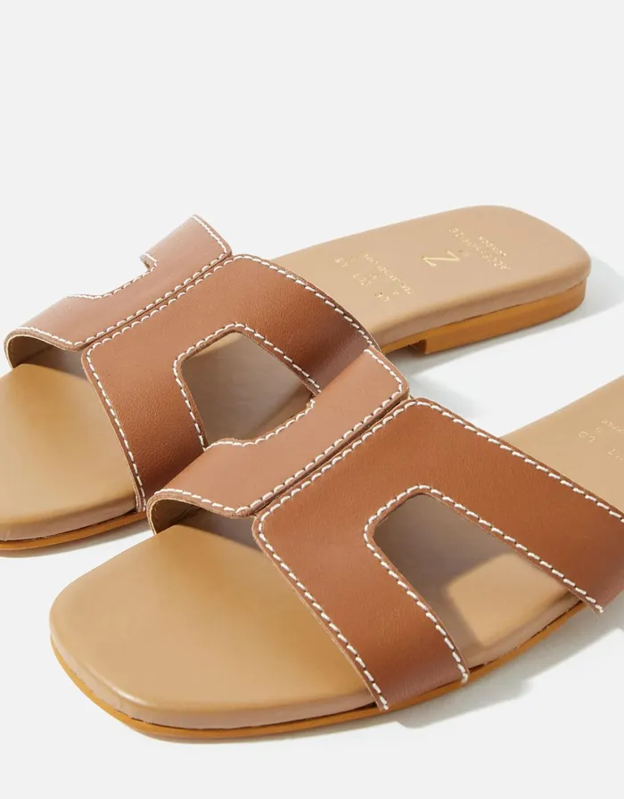 Accessorize Contrast Stitch Leather Sandals Tan Tan Women Sandals and Flip Flops