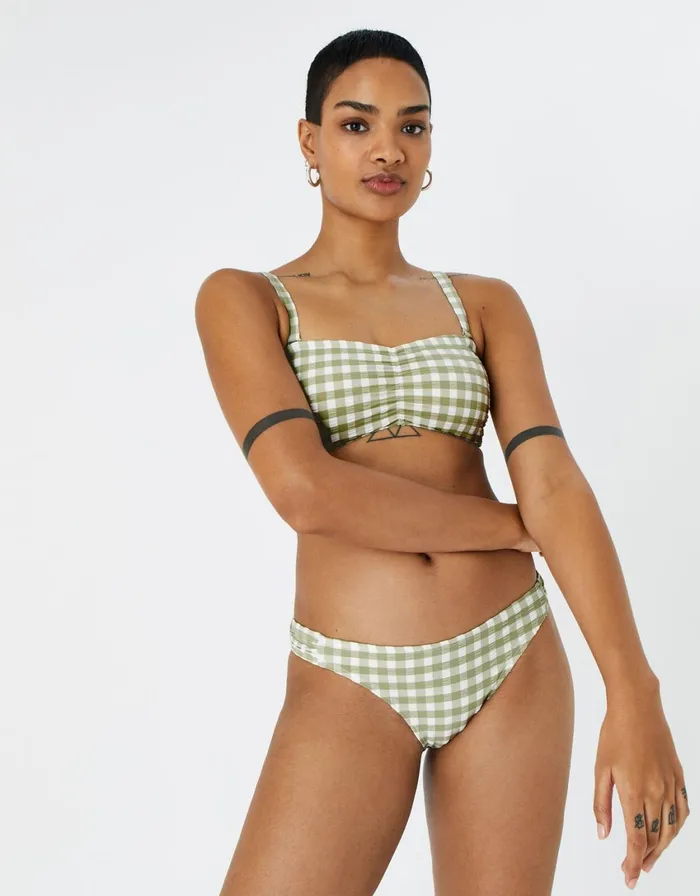 Accessorize Gingham Ruched Bikini Briefs Green Khaki Women Bikinis