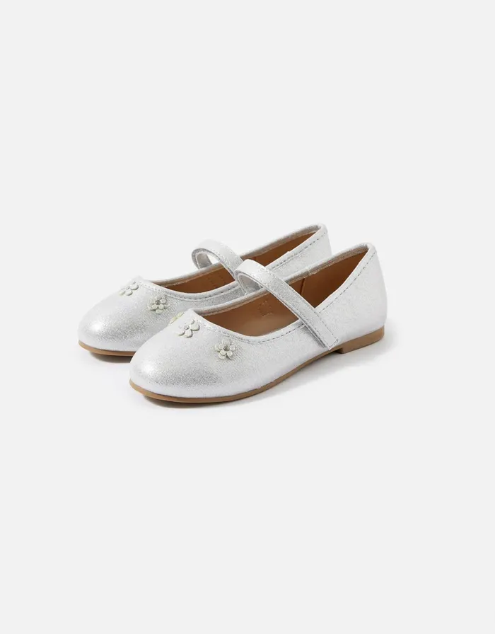 Accessorize Girls Flower Ballerina Flats Silver Silver Girls Shoes