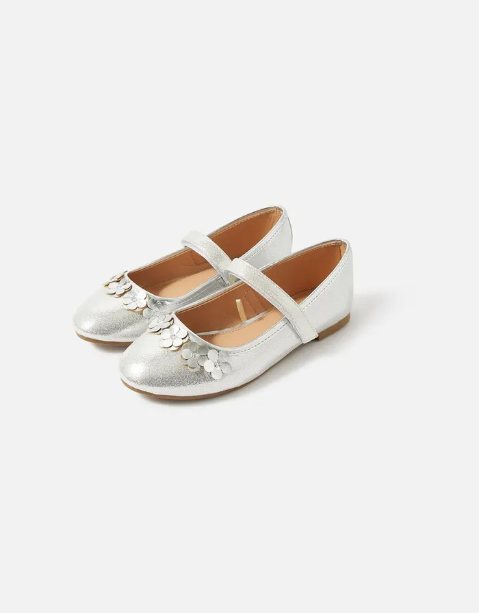 Accessorize Girls PU Flower Ballerina Flats Silver Silver Girls Shoes