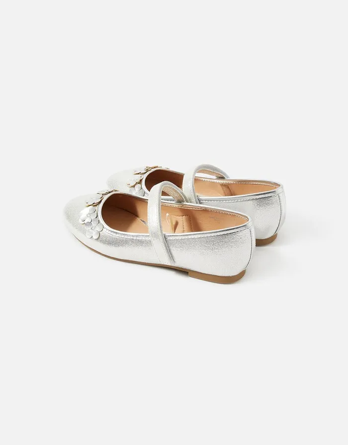 Accessorize Girls PU Flower Ballerina Flats Silver Silver Girls Shoes