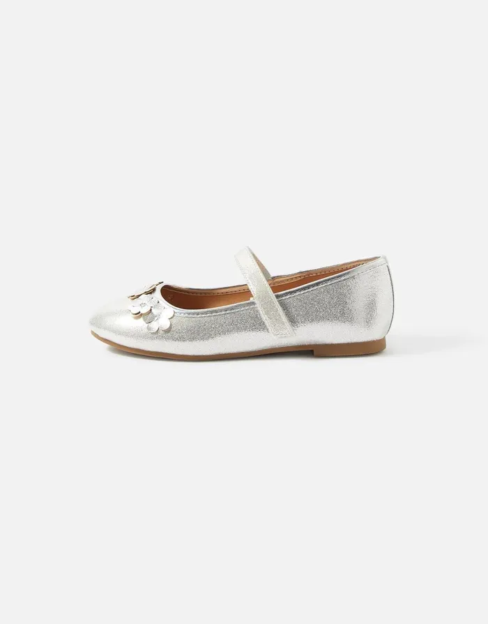 Accessorize Girls PU Flower Ballerina Flats Silver Silver Girls Shoes