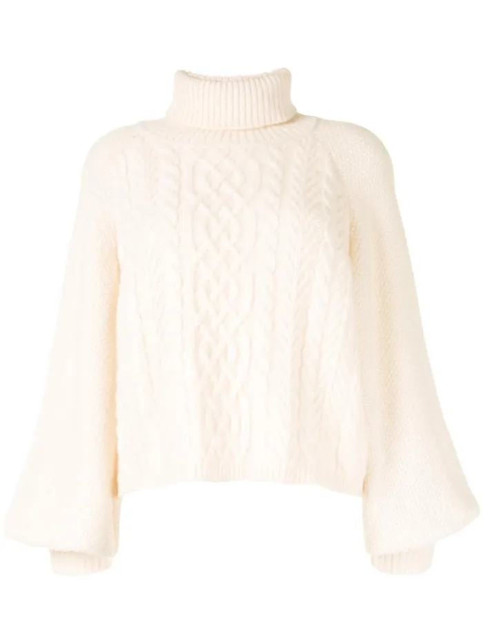 Adam Lippes Sweaters Puff Sleeve Cable Knit Turtleneck In Silk Cashmere Ivory 8211 Women