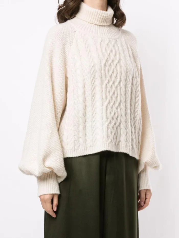 Adam Lippes Sweaters Puff Sleeve Cable Knit Turtleneck In Silk Cashmere Ivory 8211 Women