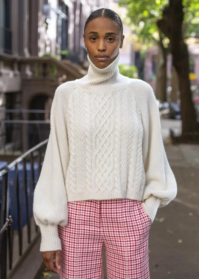 Adam Lippes Sweaters Puff Sleeve Cable Knit Turtleneck In Silk Cashmere Ivory 8211 Women