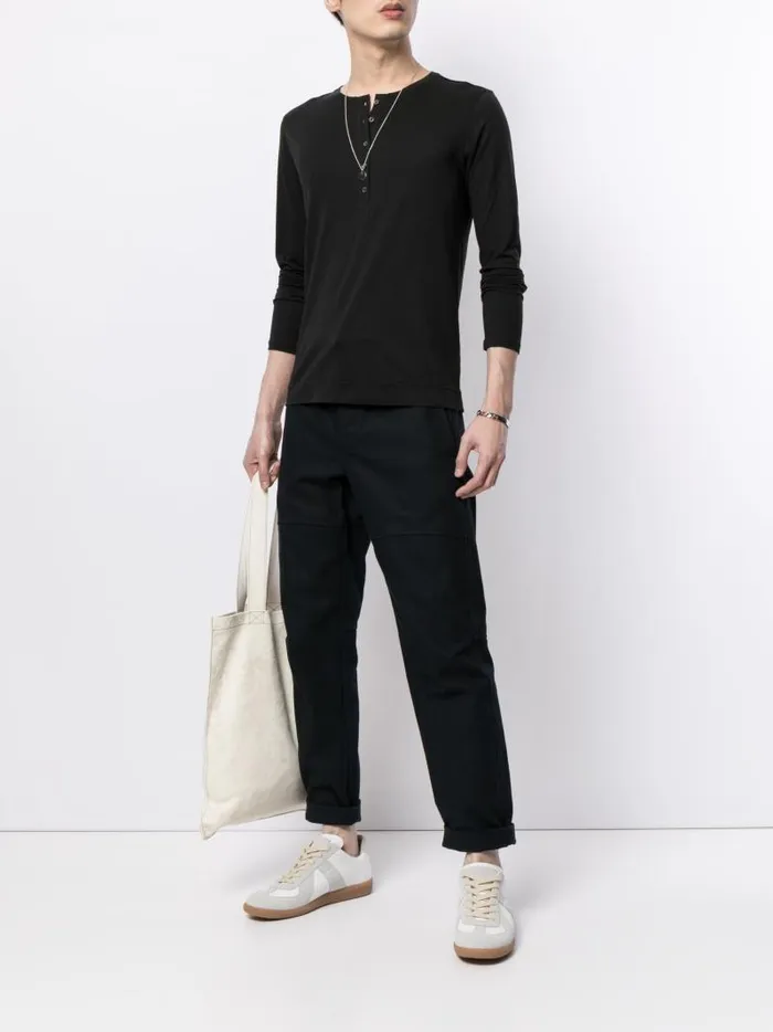 Adam Lippes TShirts Long Sleeve Henley TShirt In Pima Cotton Black 8211 Men