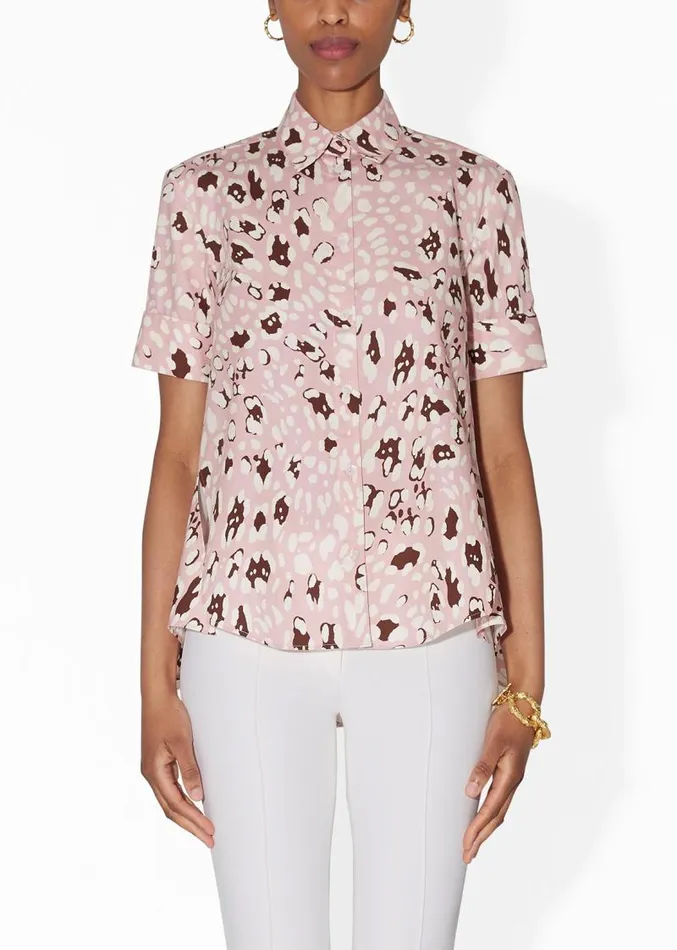 Adam Lippes Tops Short Sleeve Trapeze Top In Printed Poplin Pink Leopard 8211 Women
