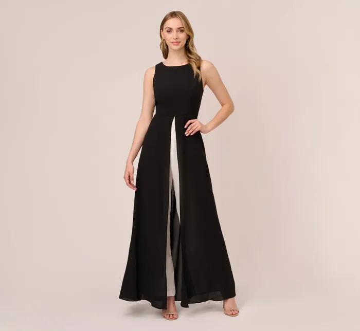 Adrianna Papell Day Dresses Colorblock Jumpsuit With Skirt Overlay In Black Ivory 8211 Women