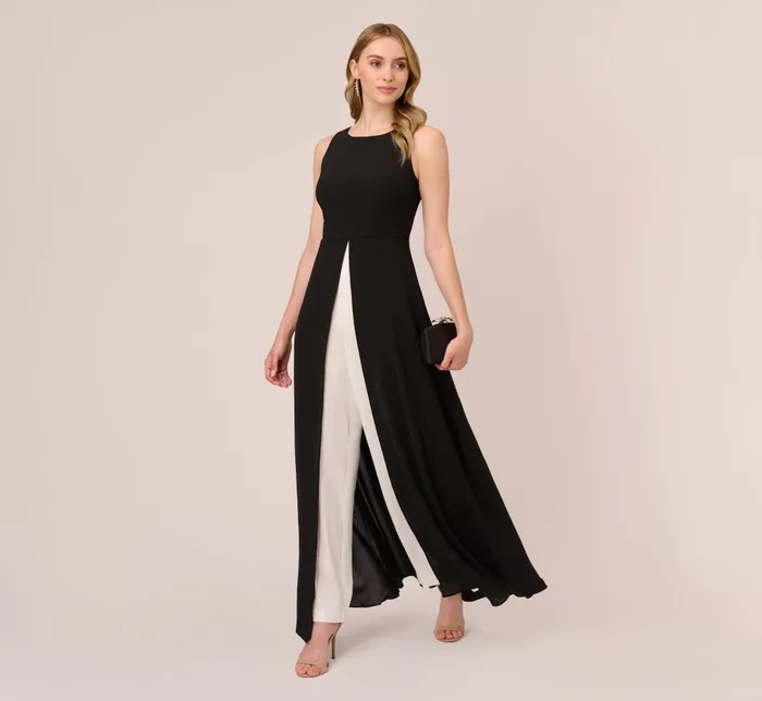 Adrianna Papell Day Dresses Colorblock Jumpsuit With Skirt Overlay In Black Ivory 8211 Women