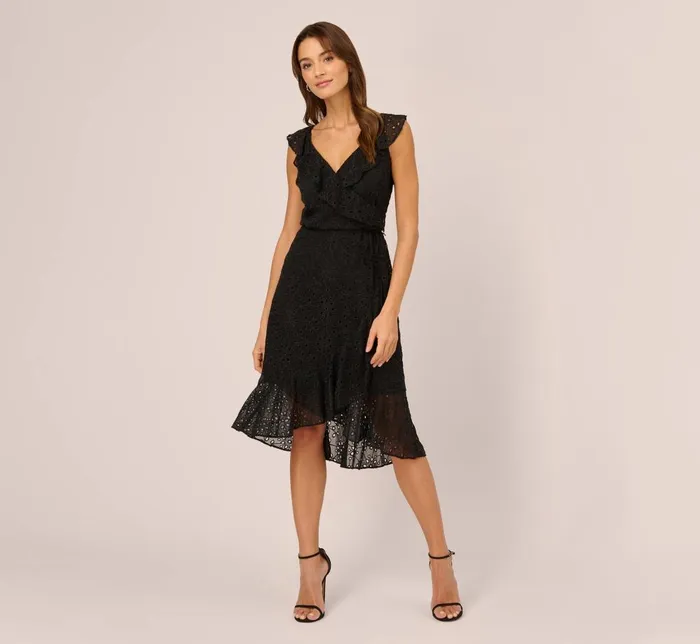 Adrianna Papell Day Dresses Eyelet Faux Wrap Midi Dress With Ruffle Details In Black 8211 Women