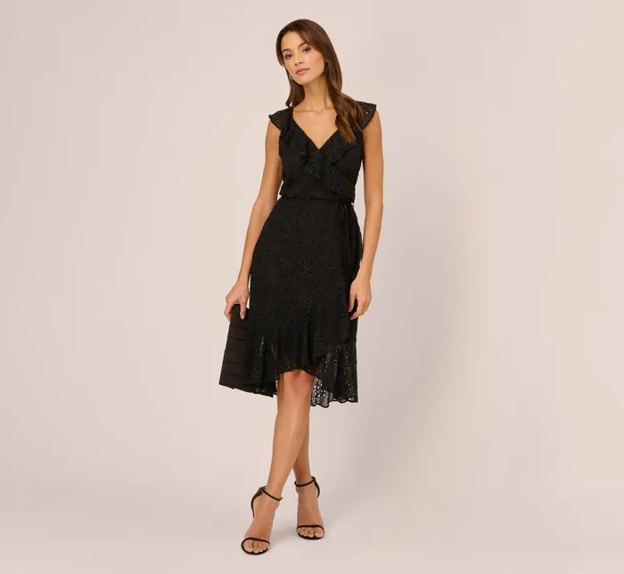 Adrianna Papell Day Dresses Eyelet Faux Wrap Midi Dress With Ruffle Details In Black 8211 Women