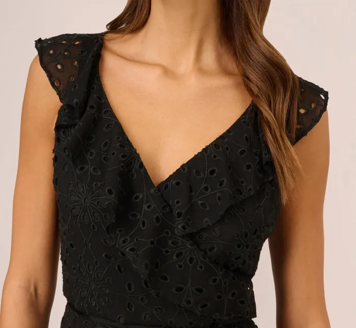 Adrianna Papell Day Dresses Eyelet Faux Wrap Midi Dress With Ruffle Details In Black 8211 Women