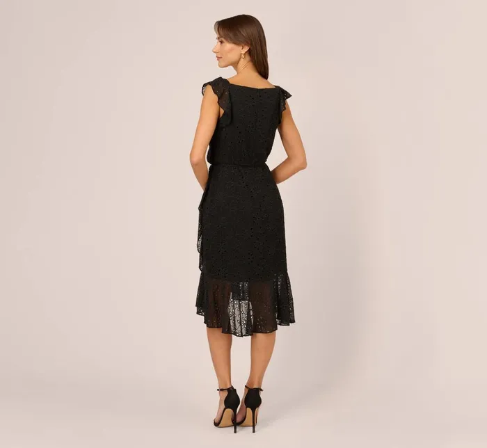 Adrianna Papell Day Dresses Eyelet Faux Wrap Midi Dress With Ruffle Details In Black 8211 Women