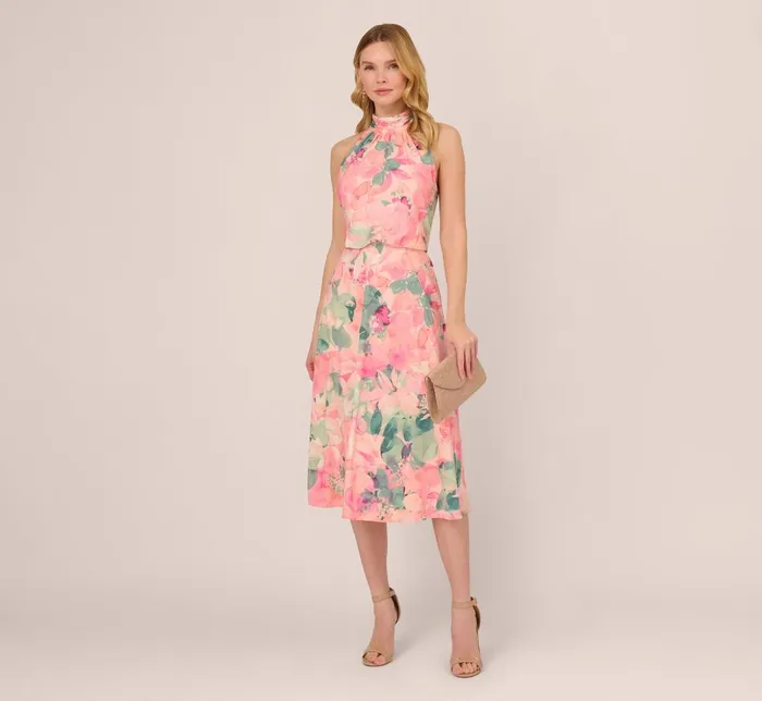 Adrianna Papell Day Dresses Floral Print Chiffon Halter Dress With Mock Neck In Blush Multi 8211 Women