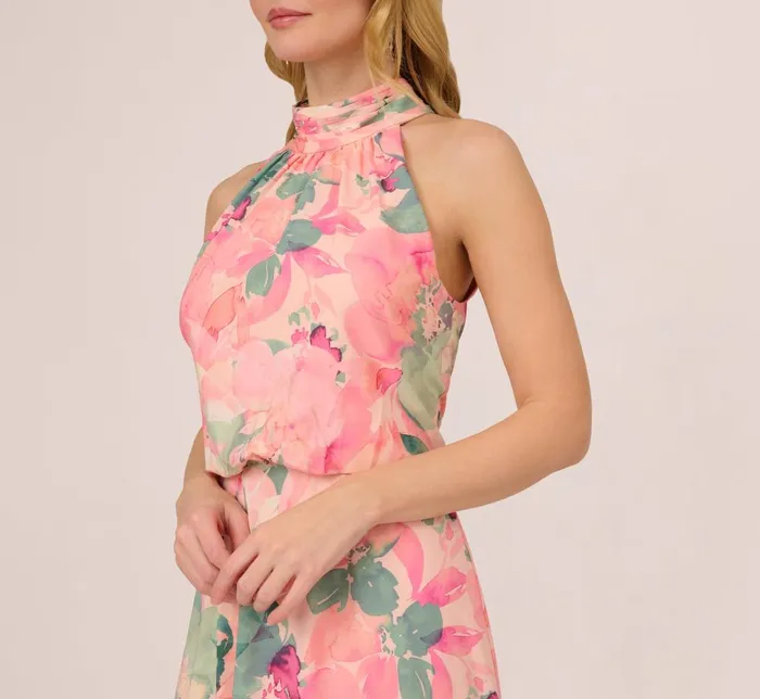 Adrianna Papell Day Dresses Floral Print Chiffon Halter Dress With Mock Neck In Blush Multi 8211 Women
