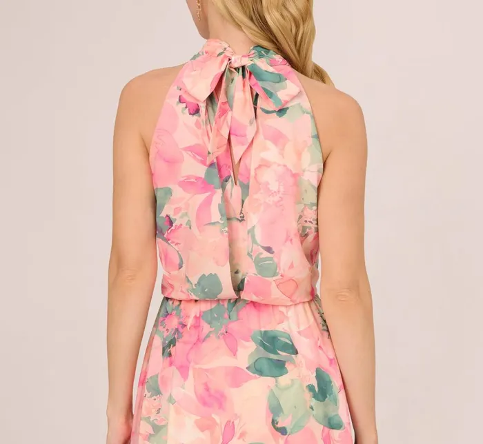 Adrianna Papell Day Dresses Floral Print Chiffon Halter Dress With Mock Neck In Blush Multi 8211 Women