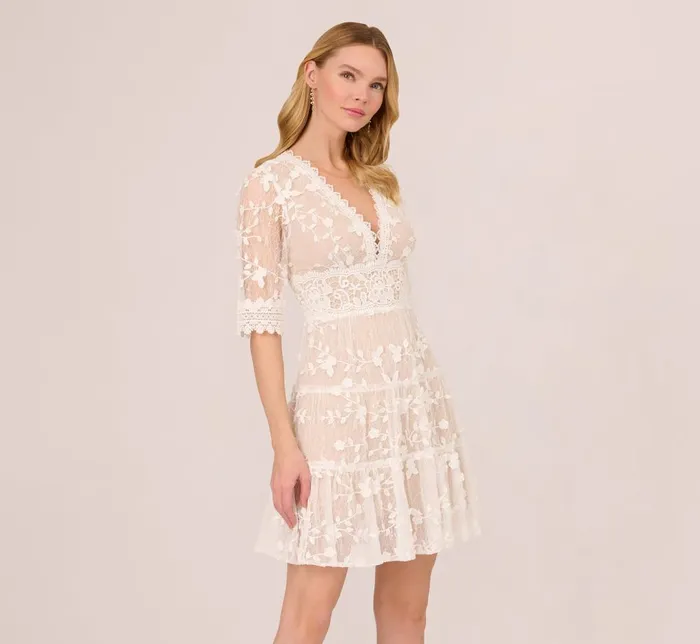 Adrianna Papell Day Dresses Lace Embroidered V Neck Dress With Elbow Sleeves In Ivory Nude 8211 Women