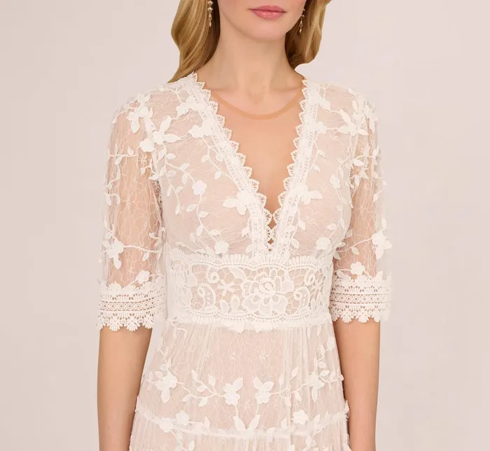Adrianna Papell Day Dresses Lace Embroidered V Neck Dress With Elbow Sleeves In Ivory Nude 8211 Women