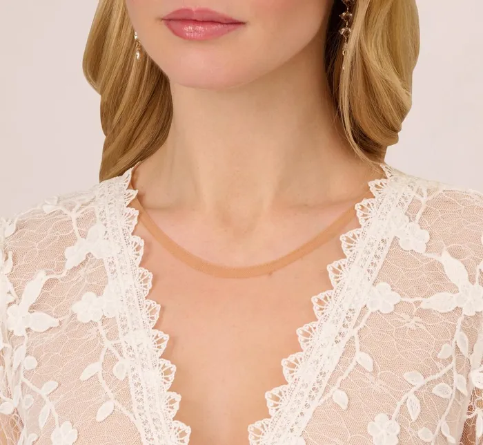 Adrianna Papell Day Dresses Lace Embroidered V Neck Dress With Elbow Sleeves In Ivory Nude 8211 Women