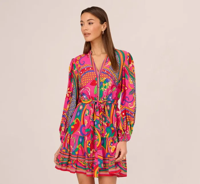 Adrianna Papell Day Dresses Long Sleeve Retro Printed A Line Dress In Pink Multi 8211 Women