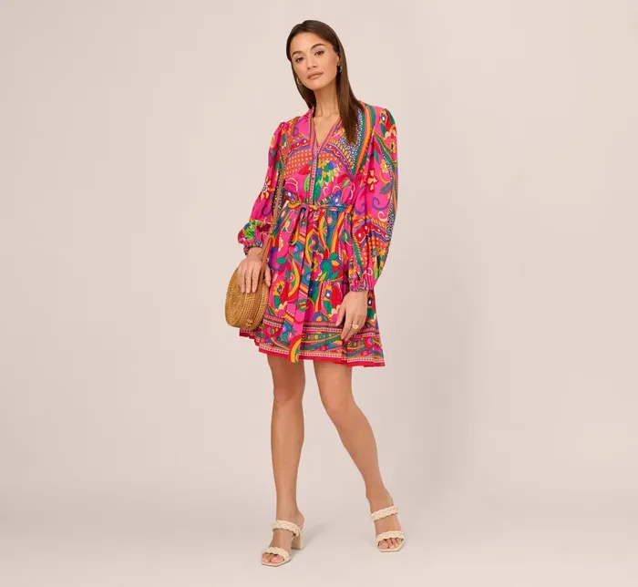 Adrianna Papell Day Dresses Long Sleeve Retro Printed A Line Dress In Pink Multi 8211 Women