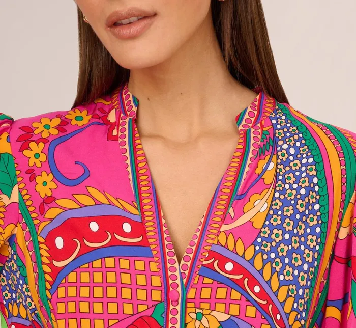Adrianna Papell Day Dresses Long Sleeve Retro Printed A Line Dress In Pink Multi 8211 Women