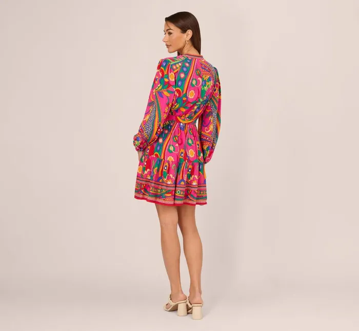 Adrianna Papell Day Dresses Long Sleeve Retro Printed A Line Dress In Pink Multi 8211 Women