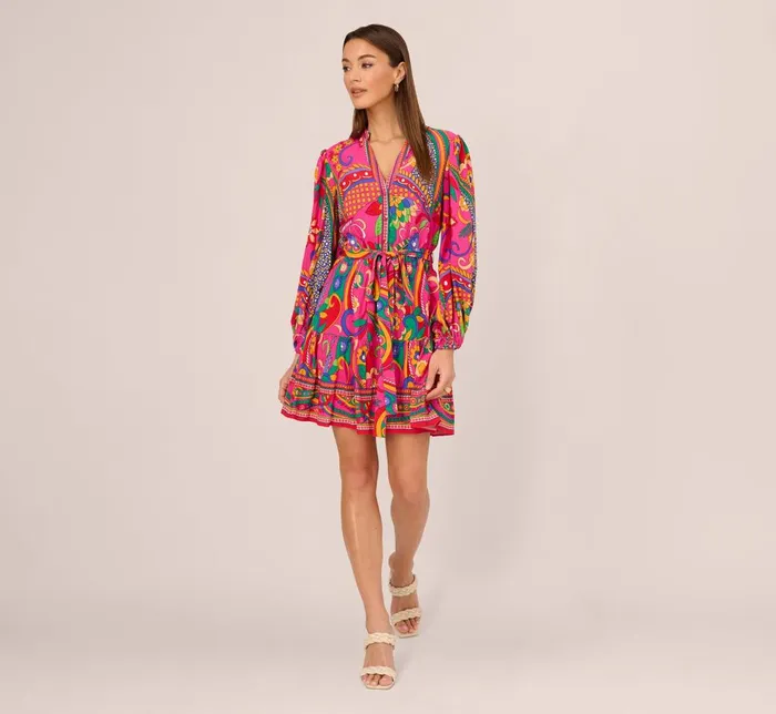 Adrianna Papell Day Dresses Long Sleeve Retro Printed A Line Dress In Pink Multi 8211 Women