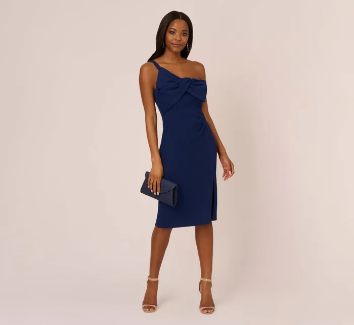 Adrianna Papell Day Dresses One Sleeve Sheath Dress With Bow Neckline In Navy Sateen 8211 Women