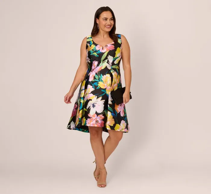 Adrianna Papell Day Dresses Plus Size Floral Print Mikado Sleeveless Dress With High Low Skirt In Black Multi 8211 Women