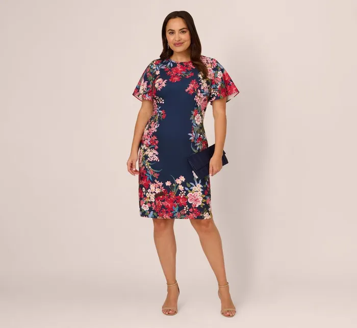 Adrianna Papell Day Dresses Plus Size Floral Print Twill Sheath Dress With Flutter Short Sleeves In Navy Multi 8211 Women