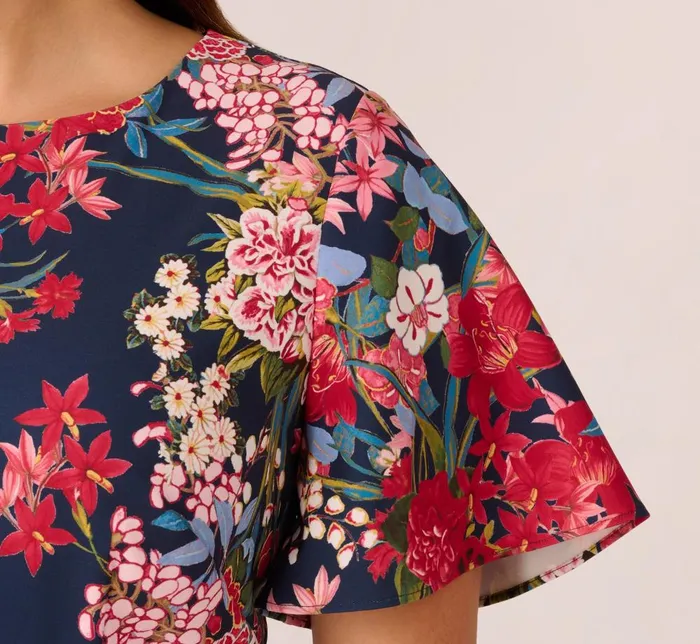Adrianna Papell Day Dresses Plus Size Floral Print Twill Sheath Dress With Flutter Short Sleeves In Navy Multi 8211 Women