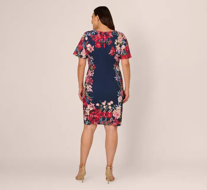 Adrianna Papell Day Dresses Plus Size Floral Print Twill Sheath Dress With Flutter Short Sleeves In Navy Multi 8211 Women