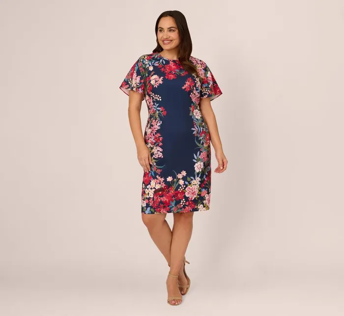 Adrianna Papell Day Dresses Plus Size Floral Print Twill Sheath Dress With Flutter Short Sleeves In Navy Multi 8211 Women