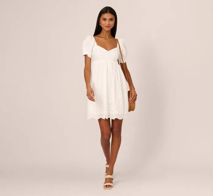 Adrianna Papell Day Dresses Puff Short Sleeve Eyelet Dress With Empire Waist In Ivory 8211 Women