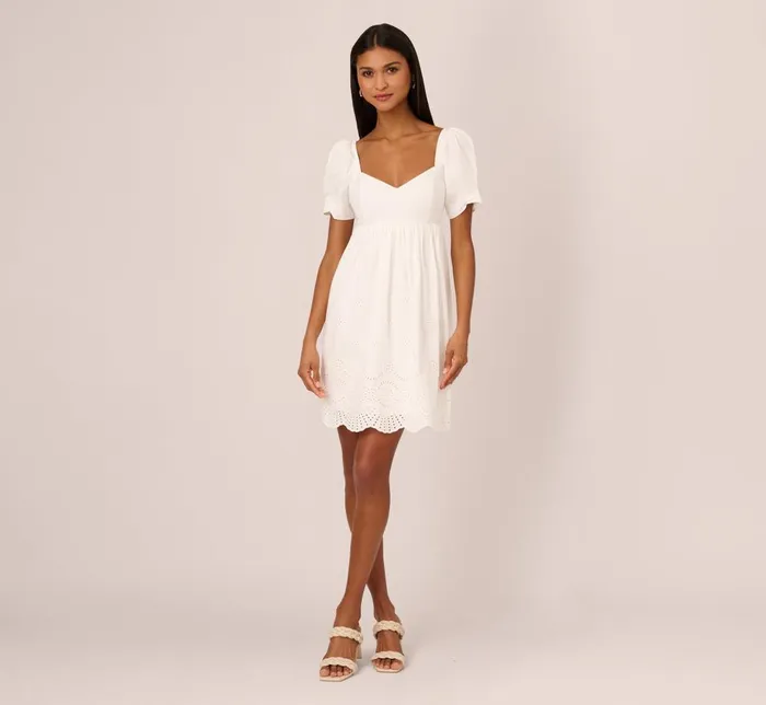 Adrianna Papell Day Dresses Puff Short Sleeve Eyelet Dress With Empire Waist In Ivory 8211 Women