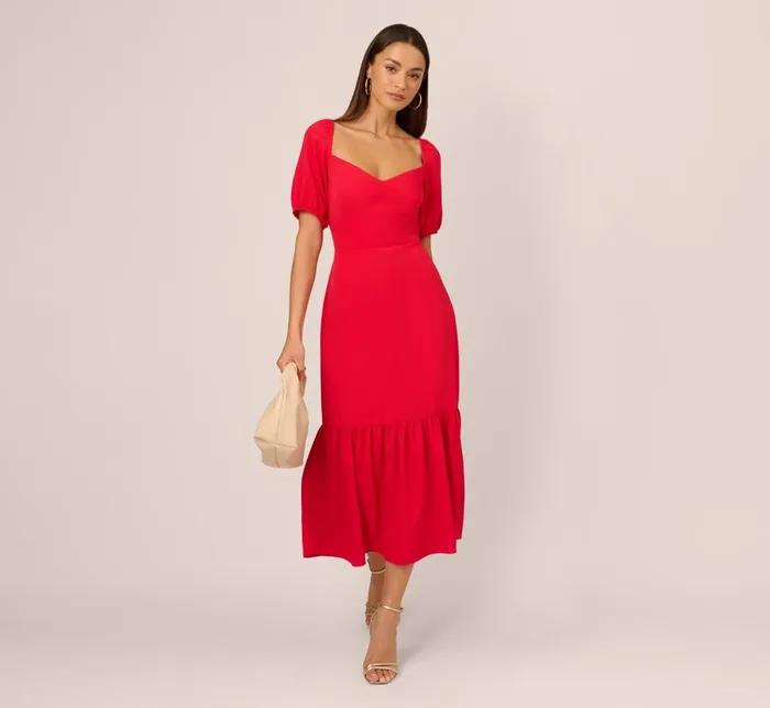 Adrianna Papell Day Dresses Puff Sleeve Midi Dress With Flounce Hem In Scarlet 8211 Women