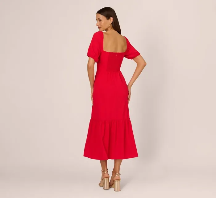 Adrianna Papell Day Dresses Puff Sleeve Midi Dress With Flounce Hem In Scarlet 8211 Women