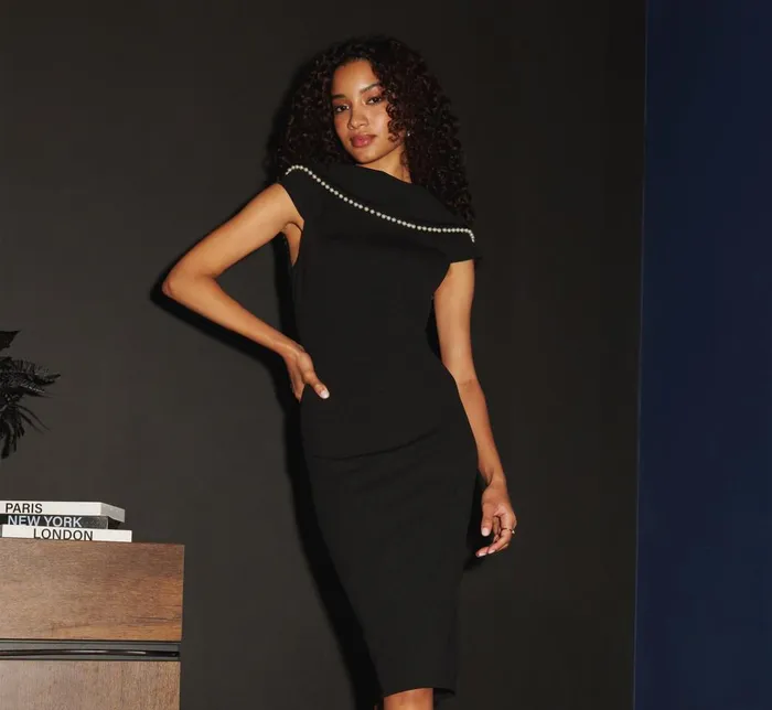 Adrianna Papell Day Dresses Roll Neck Pearl Midi Dress In Black 8211 Women