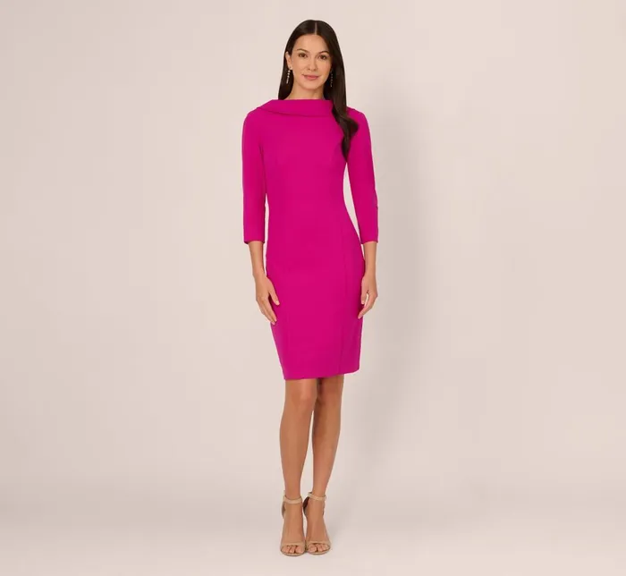 Adrianna Papell Day Dresses Three Quarter Sleeve Crepe Midi Dress With Rolled Neck In Pink Flambe 8211 Women