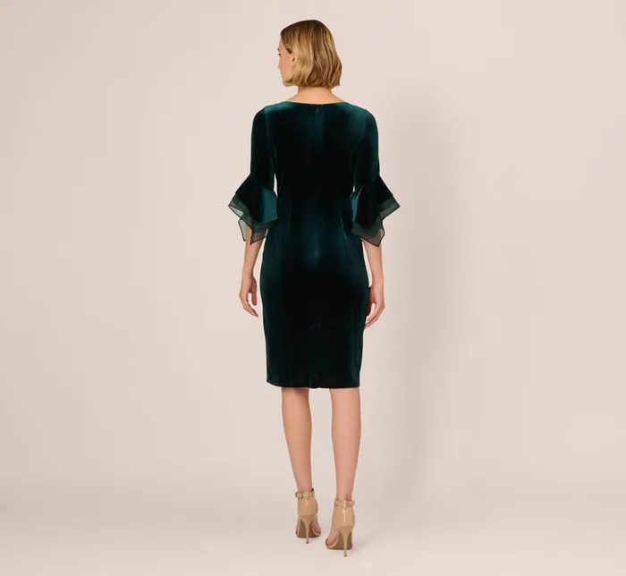 Adrianna Papell Day Dresses Velvet Sheath Dress With Tiered Three Quarter Sleeves In Hunter 8211 Women