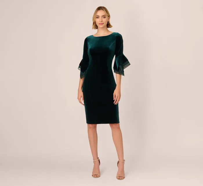 Adrianna Papell Day Dresses Velvet Sheath Dress With Tiered Three Quarter Sleeves In Hunter 8211 Women