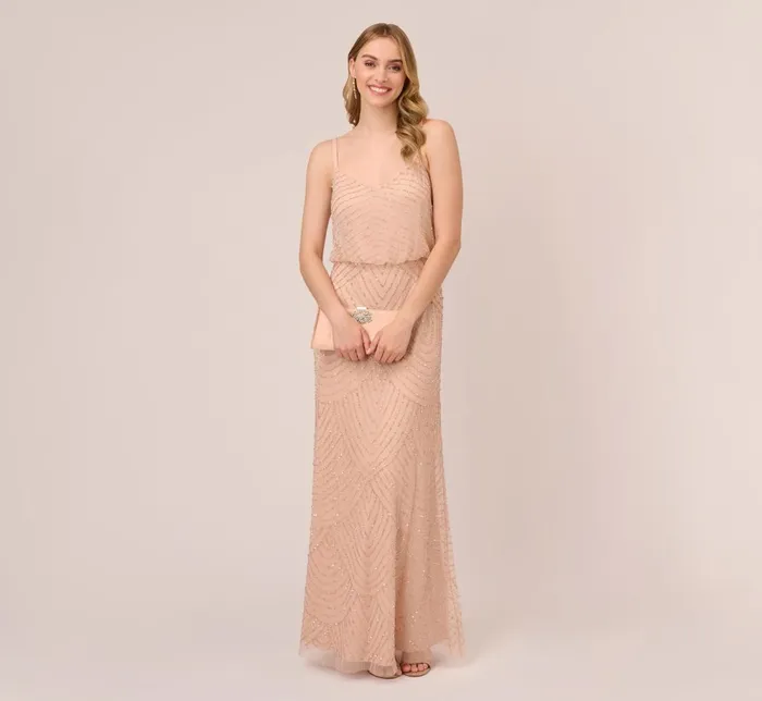 Adrianna Papell Formal Dresses Art Deco Beaded Blouson Gown In Blush 8211 Women