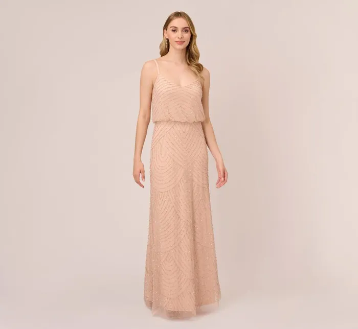 Adrianna Papell Formal Dresses Art Deco Beaded Blouson Gown In Blush 8211 Women