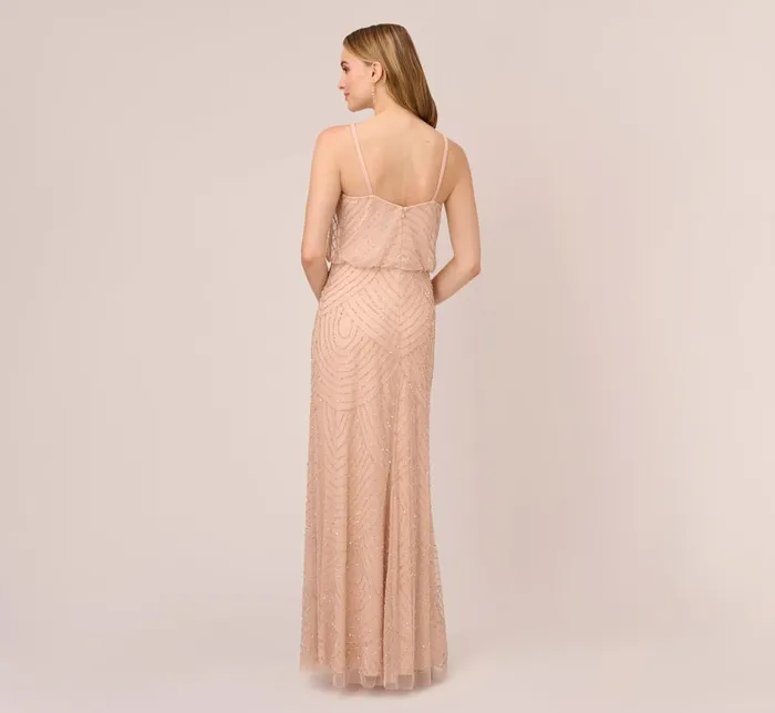 Adrianna Papell Formal Dresses Art Deco Beaded Blouson Gown In Blush 8211 Women