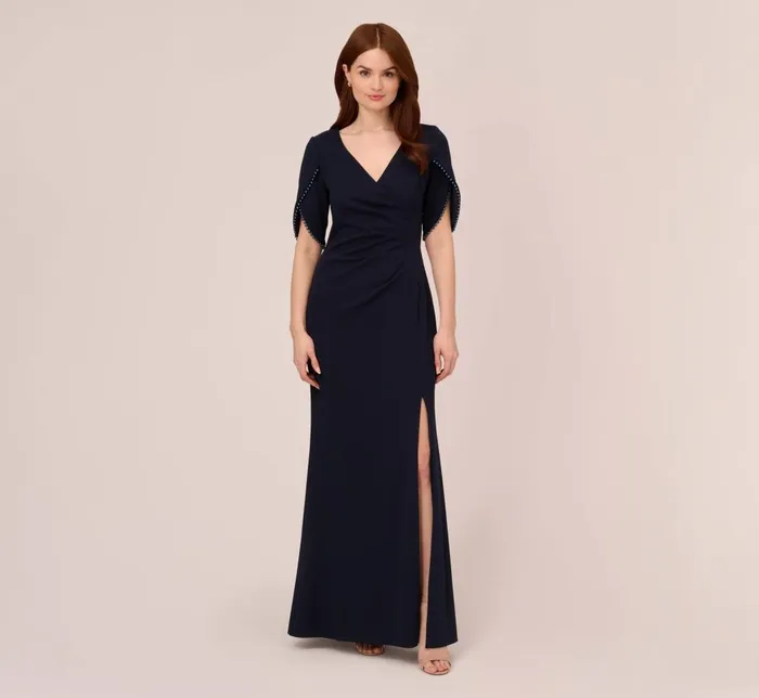 Adrianna Papell Formal Dresses Crepe Mermaid Gown With Pearl Trim Short Sleeves In Midnight 8211 Women